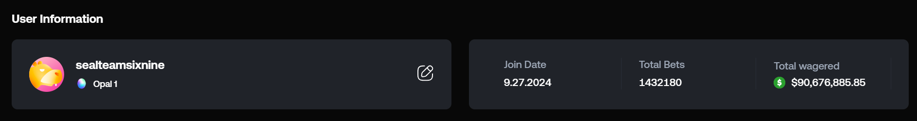 Opal 1 Rank with $90,000,000 Lifetime Wagered